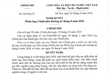Nghị quyết số 262/NQ-CP của Chính phủ: Nghị quyết phiên họp Chính phủ thường kỳ tháng 8 năm 2026