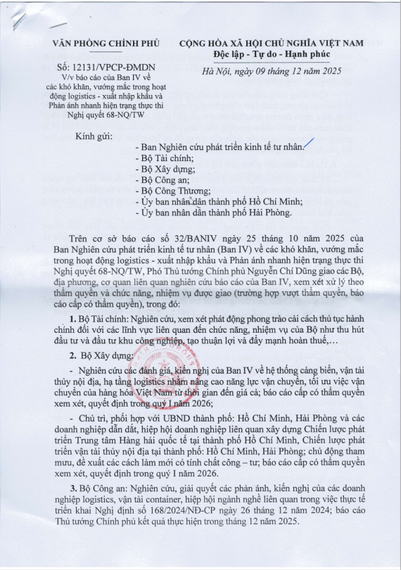 VĂN PHÒNG CHÍNH PHỦ: Văn bản số 12131/VPCP-ĐMDN (9/12)