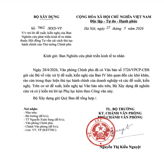 Công văn Số: 7862/BXD-VP V/v trả lời đề xuất, kiến nghị của Ban Nghiên cứu phát triển kinh tế tư nhân thuộc Hội đồng Tư vấn cải cách thủ tục hành chính của Thủ tướng Chính phủ