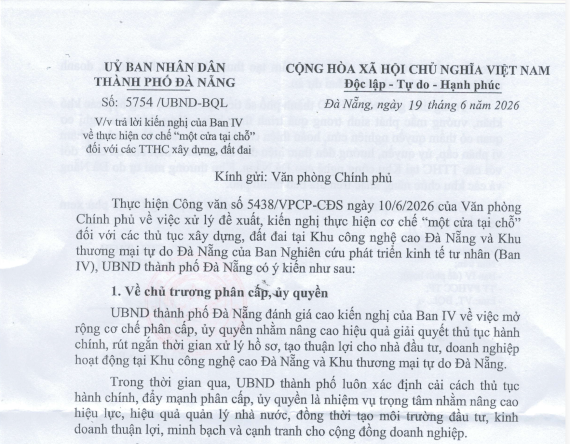 (UBND TP. Đà Nẵng) - Công văn số 5754/ UBND-BQL: V/v trả lời kiến nghị của Ban IV về thực hiện cơ chế “một cửa tại chỗ” đối với các TTHC xây dựng, đất đai
