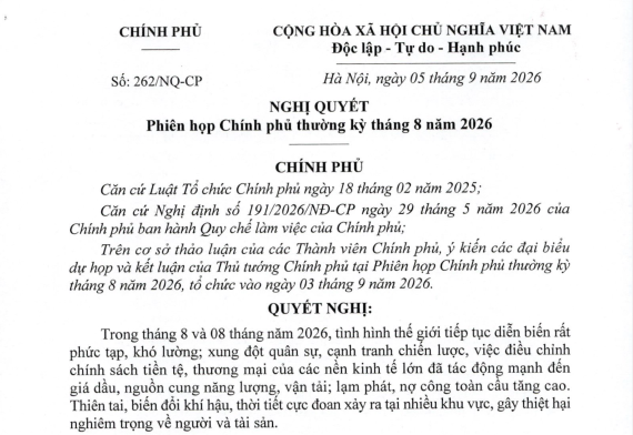 Nghị quyết số 262/NQ-CP của Chính phủ: Nghị quyết phiên họp Chính phủ thường kỳ tháng 8 năm 2026
